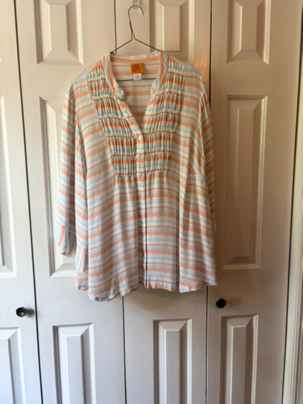 Ruby Rd Woman 1X Aqua Coral Metallic Stripe Tunic Blouse
